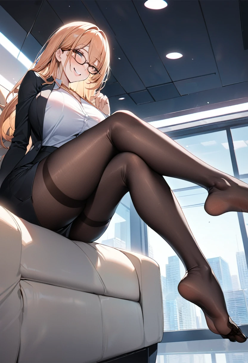 1woman, milf, thick body, big breasts, perfect breasts, sexy looking, sexy pose, very light orange hair, straight hair, black pantyhose, black pantyhose covers feet, teacher outfit, black office jacket, black pencil skirt, glasses, golden necklace, ultra orgasmed face, very horny face, smiling, feet seen, cute feet, perfect feet, feet, sitting on a coach, in an high office building, vibrant light, pastel light colors, master piece, ultra high quality, high detailed, best quality, light from side, bottom view, a lot of semen on pantyhose, view from below, foot focus, dark atmosphere, crossed legs