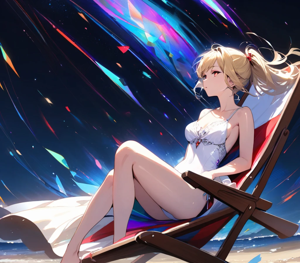 (masterpiece)、(absurdres)、(ultra detailed)、((solo lady)、(blonde hair:1.0)、(shiny red eyes:1.1)、(highponytail:0.9)、(a little red libbon:0.8)、(long hair:0.7)、((middle breast:0.8))、BREAK,White one-piece swimsuit、BREAK,Seaside beach、half-closed eyes,side view,Sit in a long chair、looking up:0.9,looking away:1.1,surrounded by a kaleidoscope of colors and glowing lights. The background is filled with whimsical details and a magical atmosphere.fullbody shot,Wind、
