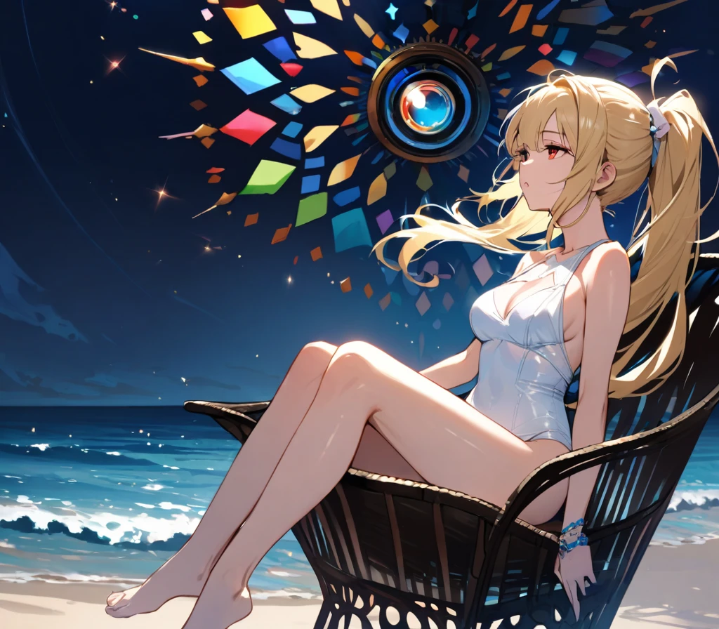 (masterpiece)、(absurdres)、(ultra detailed)、((solo lady)、(blonde hair:1.0)、(shiny red eyes:1.1)、(highponytail:0.9)、(a little red libbon:0.8)、(long hair:0.7)、((middle breast:0.8))、BREAK,White one-piece swimsuit、BREAK,Seaside beach、half-closed eyes,side view,Sit in a long chair、looking up:0.9,looking away:1.1,surrounded by a kaleidoscope of colors and glowing lights. The background is filled with whimsical details and a magical atmosphere.fullbody shot,Wind、