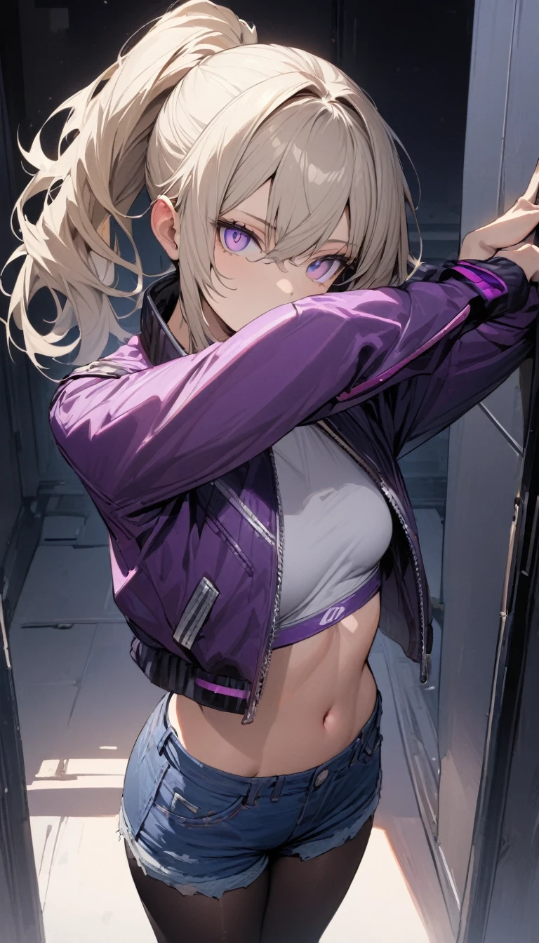 ((masterpiece)), ((best quality)), extremely detailed face, ((extremely detailed)), best pose,
a handsome girl, solo, ,
silver hair, blonde hair, ponytail, violet eyes, bright eyes,
((violet midriff jacket)), slim jacket, open jacket, shirt, denim shorts, black tights,
expressionless