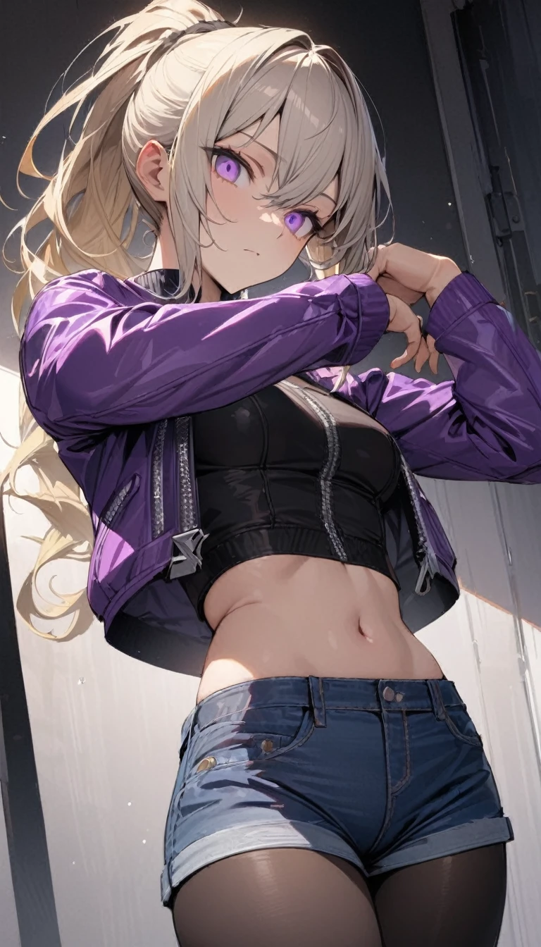 Adult girl, long blonde hair, dragon horns, green eyes, tight white trousers, purple tight leather top, long sleeves, open belly, tattoo, Masterpiece, best quality, Full HD, 8k, ultra details, great graphic