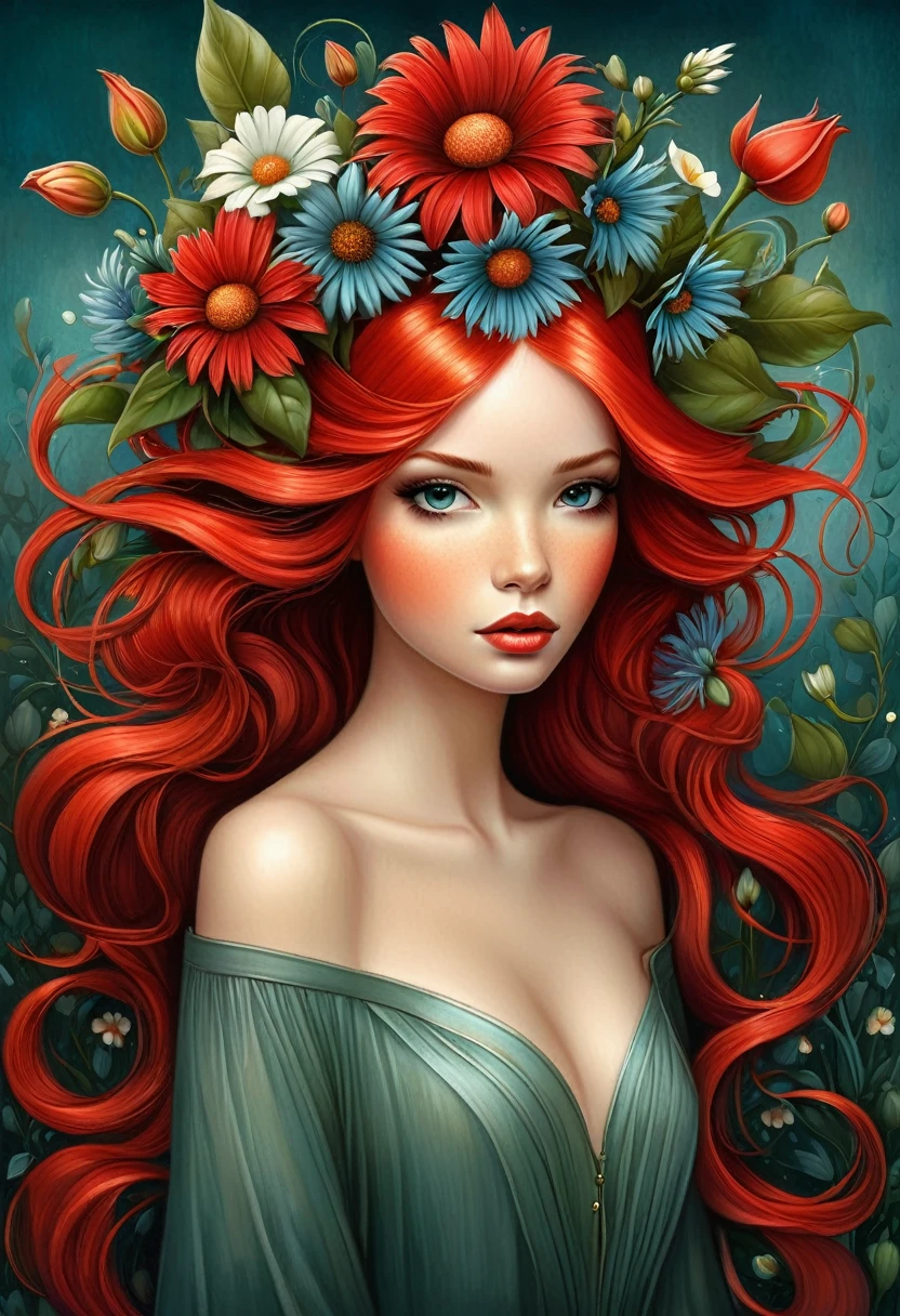 Picture of a girl with red hair and flowers in her hair, Adi Granov, Annie Stegg Gerard, Carole for UHD, Flowers in her hair, Benjamin Lacombe, beautiful artwork illustration, beautiful artist rendering, beautiful digital images, beautiful digital illustration, exquisite digital illustration, hyper-realistic modern, Adrian Borda, Shogh Janit