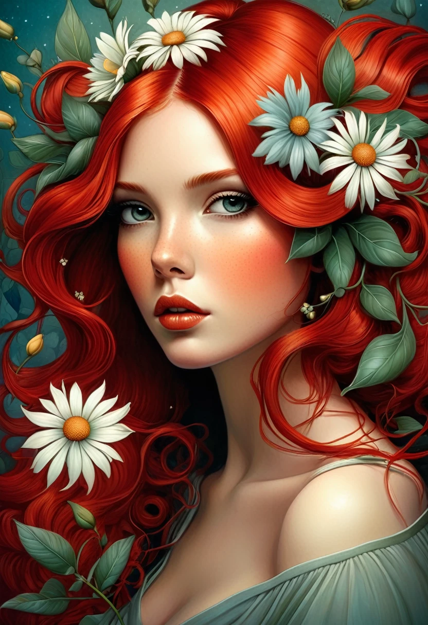 Picture of a girl with red hair and flowers in her hair, Adi Granov, Annie Stegg Gerard, Carole for UHD, Flowers in her hair, Benjamin Lacombe, beautiful artwork illustration, beautiful artist rendering, beautiful digital images, beautiful digital illustration, exquisite digital illustration, hyper-realistic modern, Adrian Borda, Shogh Janit