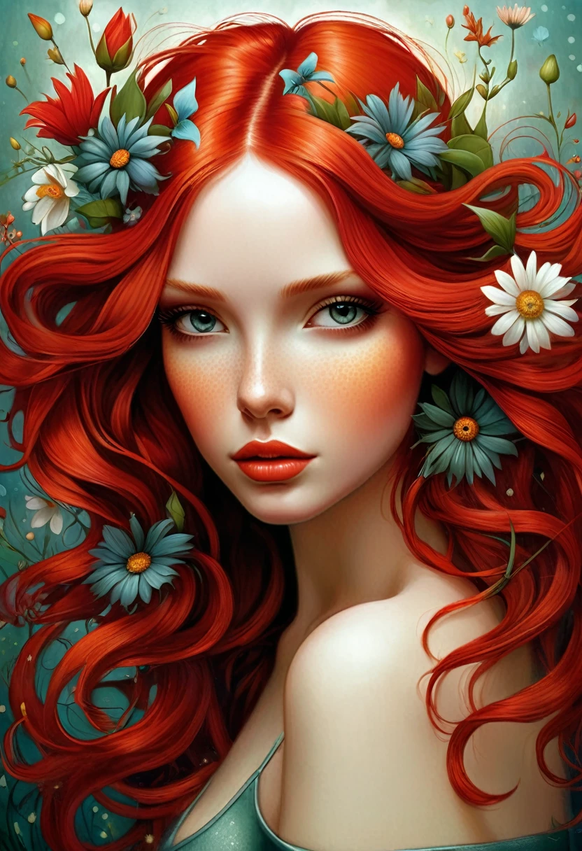 Picture of a girl with red hair and flowers in her hair, Adi Granov, Annie Stegg Gerard, Carole for UHD, Flowers in her hair, Benjamin Lacombe, beautiful artwork illustration, beautiful artist rendering, beautiful digital images, beautiful digital illustration, exquisite digital illustration, hyper-realistic modern, Adrian Borda, Shogh Janit