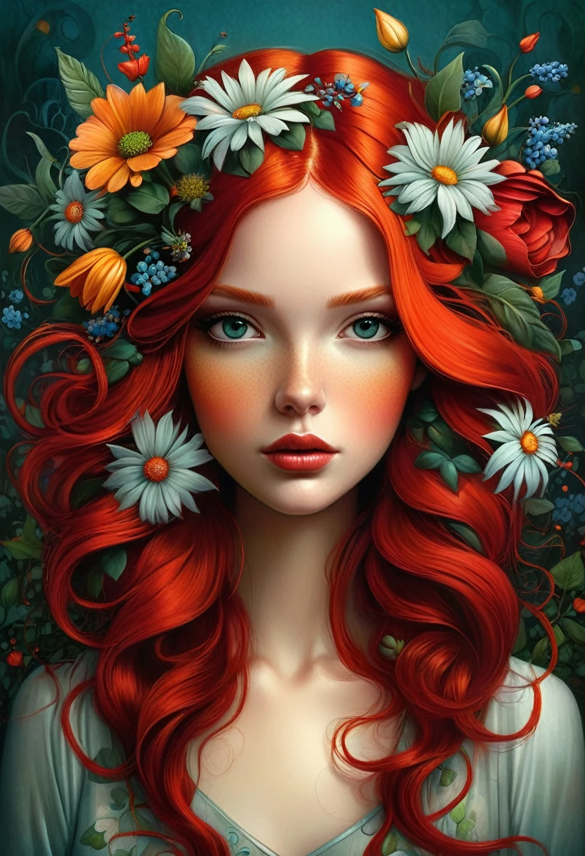 Picture of a girl with red hair and flowers in her hair, Adi Granov, Annie Stegg Gerard, Carole for UHD, Flowers in her hair, Benjamin Lacombe, beautiful artwork illustration, beautiful artist rendering, beautiful digital images, beautiful digital illustration, exquisite digital illustration, hyper-realistic modern, Adrian Borda, Shogh Janit