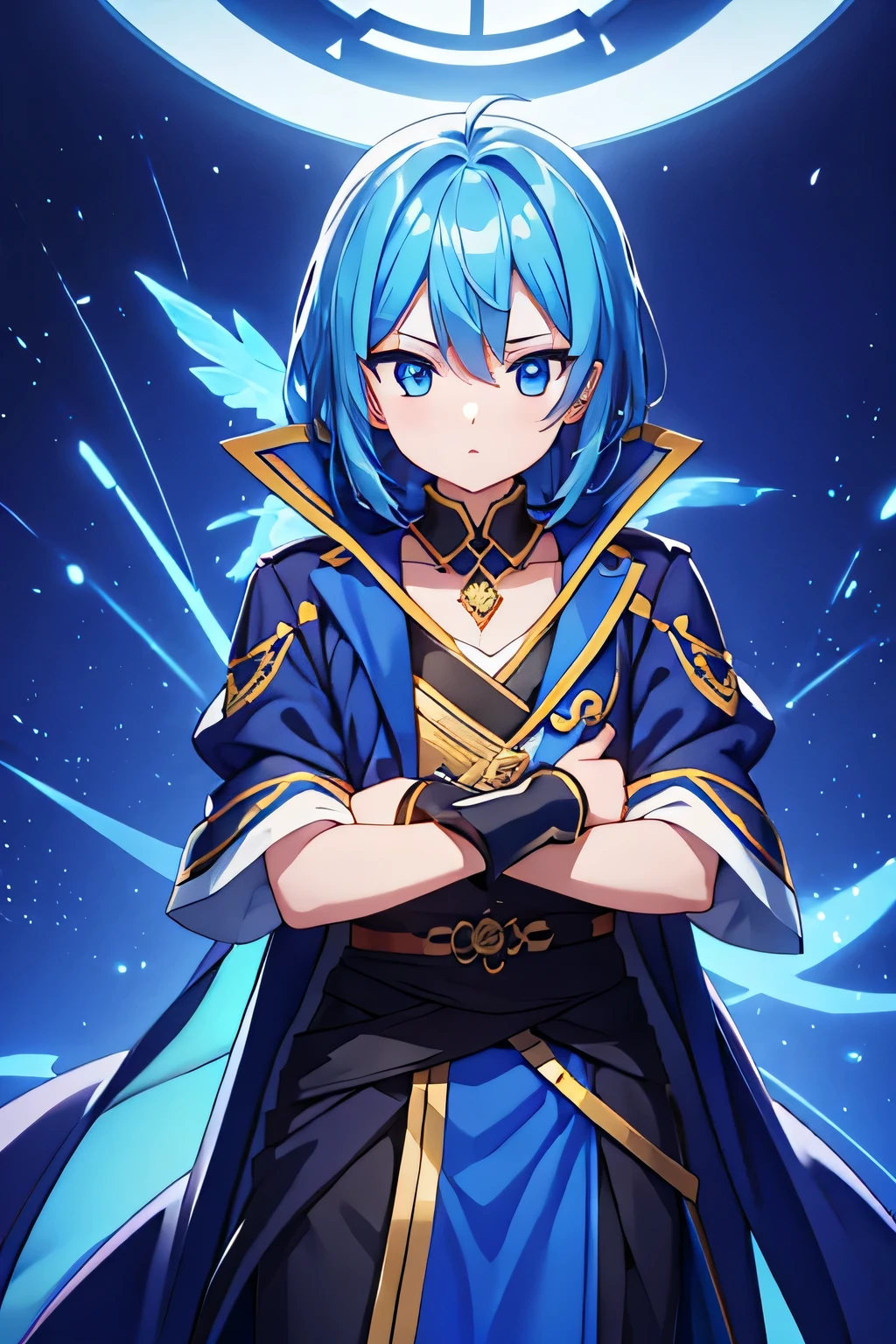 best quality a guy with blue hair wearing a blue and black robe
