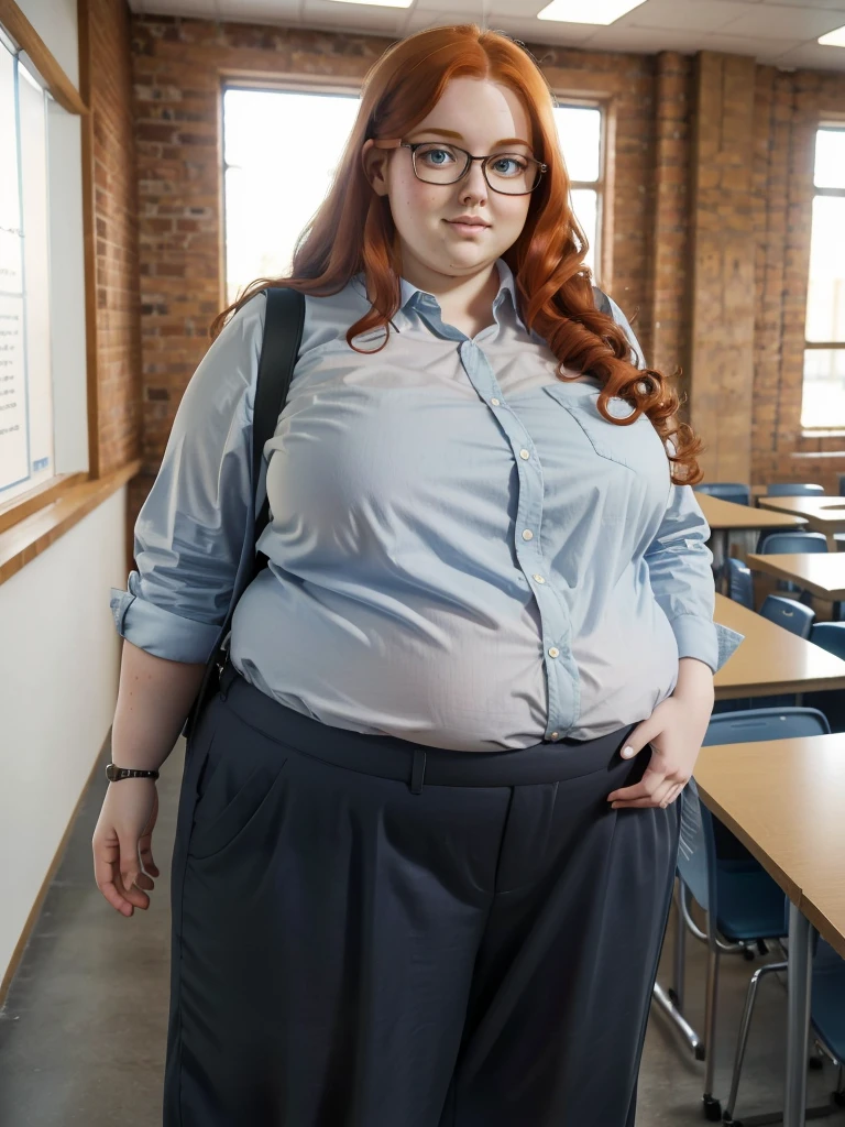 A front wiew photo of a young cute nerdy redhead bbw student with glasses with long wavy ginger hair soft fat belly, wide fat obese hips, thick fat legs and fat arms, cute pretty face, small breasts, blue eyes, freckles, in long shirt tucked in her simple trousers, and trousers, wearing a backpack in a school hall