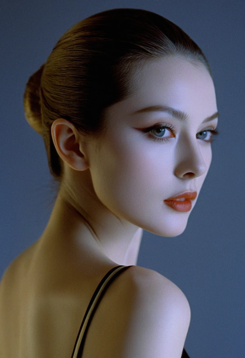 Photograph by Serge Lutens (1.8), pale skin, ((evil slavic woman)), long dark blond hair, in profile, wide angle dim atmosphere, stunning, modern, dark, clean, artsy indoor surrounding, casting a dreamlike atmosphere eyes reflect some light, Shiseido-style Vogue-Style 1990s style and setting Various gentle half body poses and angles Consistent facial and body features Photorealistic and highly detailed Artistic and evocative High-quality finish Ensuring vibrant, detailed features Technical details: wide angle lens Selective focus with Kodak film effect: 1.2 Shallow depths of field