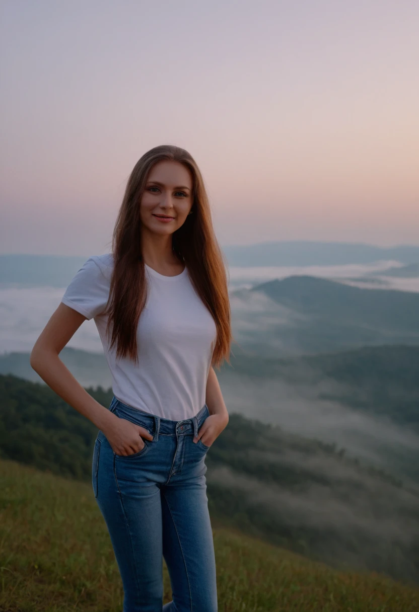 Beautiful Slavic woman, extra very long hair, pale skin, Plain white t-shirt and jeans, stands on a hill, Landscape on the background of fog in the mountains, indigo, Sundown, photo, ssmile, body complet, sharp-focus, dynamic sexy pose, Helios 44-2, swirling bokeh, sharp-focus, Complicated details, higly detailed, sharpness, Character portrait, perfect lighting, tmasterpiece, Detailed background, Movie Lighting, 8K