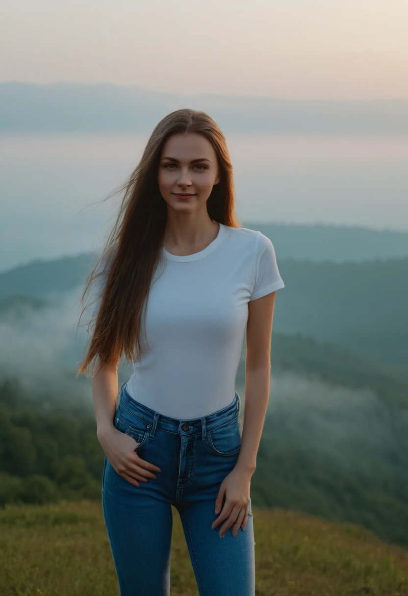 Beautiful Slavic woman, extra very long hair, pale skin, Plain white t-shirt and jeans, stands on a hill, Landscape on the background of fog in the mountains, indigo, Sundown, photo, ssmile, body complet, sharp-focus, dynamic sexy pose, Helios 44-2, swirling bokeh, sharp-focus, Complicated details, higly detailed, sharpness, Character portrait, perfect  lighting, tmasterpiece, Detailed background, Movie Lighting, 8K