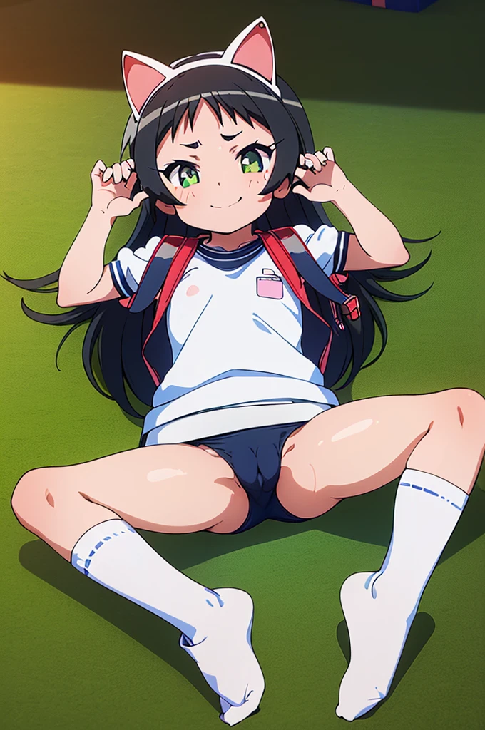 masterpiece, ultra quality, ultra sharp, ultra detailed, 1girl, solo, (((good anatomy))), haduki kurumi, (tattered torn dripping wet white gym shirt), navy gym pants, animal ears, randoseru, name tag, Japanese anime pose, laugh, BurumaShorts, Buruma, Gym Uniform, (((lying:1.4,  spread_legs, legspread, split_legs, spreading legs)), (randoseru backpack:1.4), (smirk smile), buruma, blue buruma, black buruma, (cameltoe), (tattered torn short sleeve white gym uniform with colored hem), (tiny nipples), (white long loose socks), strong lighting, legspread, bukkake, cum on clothes, cum on legs, cum on buruma, cum on bloomers,