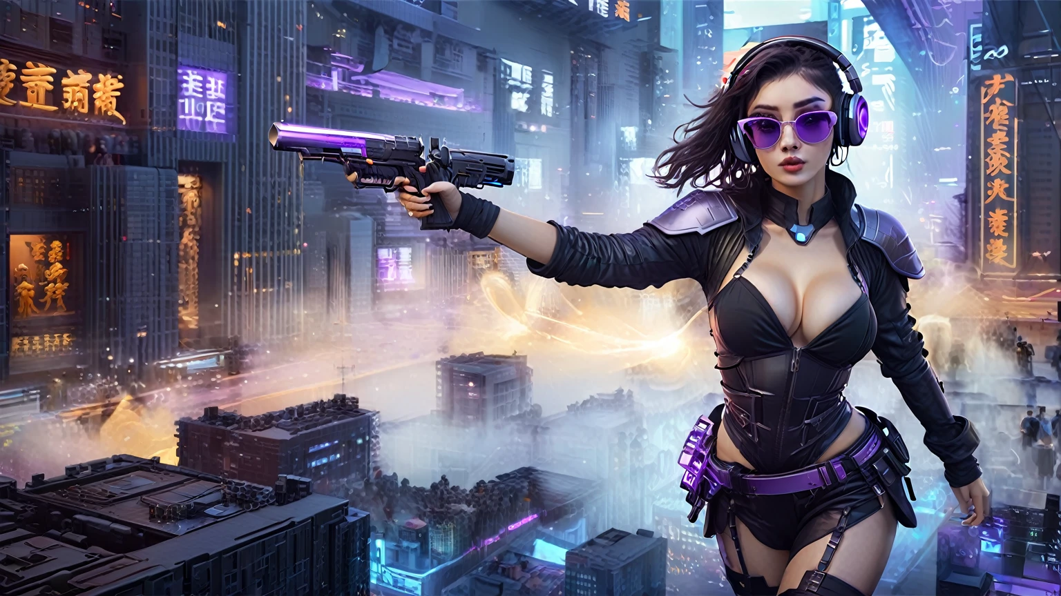 masterpiece, best quality, high resolution, 8k, (Portrait Photos:1.5), (R Original Photo), real picture, Digital Photography, (A fusion of cyberpunk and fantasy), 20 year old girl, solo, (((black sunglasses, headphone))), Feel free to hairstyle, Purple Eyes, By Bangs, (large breasts, cleavage, Accessories, Elegant and charming, Combination of cyberpunk and fantasy style clothing, Hollow carving design, Photo poses, Realistic style, (((((((pistol shooting pose))))))), oc render reflection texture, sentry, (((((aerial view of Cyberpunk style future city, 1 giant (((Chinese Terracotta Warrior))) sculpture))))), night, Bustling streets, (((((half-body (thigh level) medium shot))))).