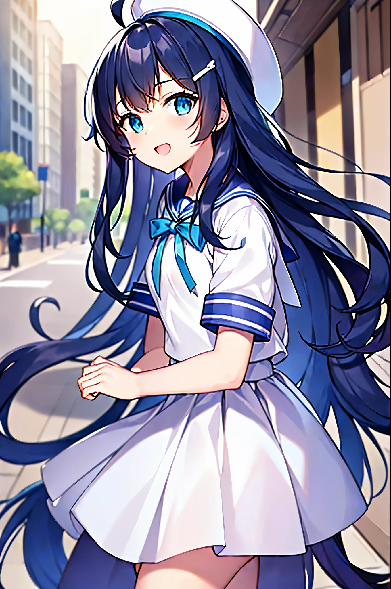 (((masterpiece))), (high quality:1.5), (beautiful:1.5), (((8K))), (High resolution:1.5), (High resolution:1.5), (1 Girl:1.3), (:1.5), (5 years old:1.5), (Primary school students:1.4), (Dark blue straight long hair:1.3), (非常に長いDark blueもみあげ), (very long and thick sideburns,, Dark blue:1.4), (Very wide parted dark blue bangs:1.3), (Simple hair clip:1.4), (Ahoge:1.4), (Little blue eyes:1.2), (Slightly droopy eyes:1.3), (Super thick and super long sideburns:1.1), (very long and thick sideburns,,:1.1), (Ultra-thin chest:1.4), (Very small breasts:1.4), (Laughter:1.5), (white short sleeve sailor uniform:1.4), (white short sleeve sailor uniform:1.3), (White pleated skirt:1.3), (White hat with blue ribbon:1.4), (In the city:1.4)