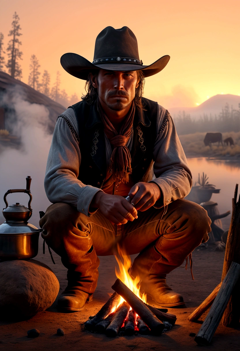 a portrait of the wild west era cowboy, squatting in front of the fire cooking water, iconic Marlboro stance, dawn scenery with fog and mist, epic realism, extremely detailed, 8k