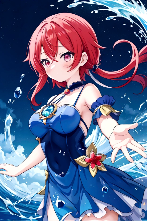 Anime girl in blue dress running through water waves, red hair short cut, splash art anime, wallpaper anime blue water, beautiful celestial magician, high definition official artwork, official artwork, genshin impact ayaka, tempest rimuru, rainbow water elemental, detailed key anime art, water element, genshin impact ketchin, water magic close-up fantasy