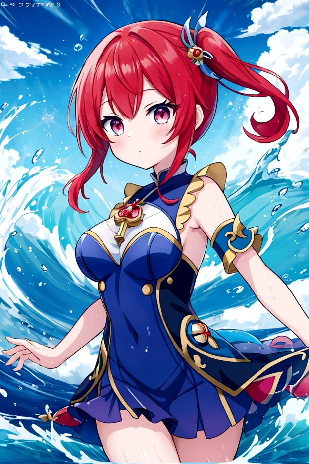 Anime girl in blue dress running through water waves, red hair short cut, splash art anime, wallpaper anime blue water, beautiful celestial magician, high definition official artwork, official artwork, genshin impact ayaka, tempest rimuru, rainbow water elemental, detailed key anime art, water element, genshin impact ketchin, water magic close-up fantasy