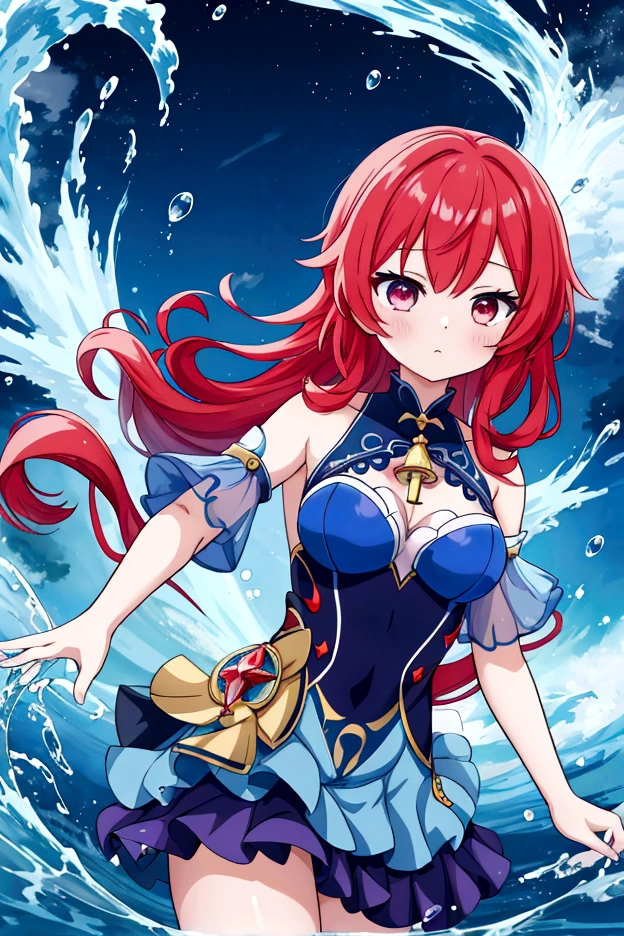 Anime girl in blue dress running through water waves, red hair short cut, splash art anime, wallpaper anime blue water, beautiful celestial magician, high definition official artwork, official artwork, genshin impact ayaka, tempest rimuru, rainbow water elemental, detailed key anime art, water element, genshin impact ketchin, water magic close-up fantasy