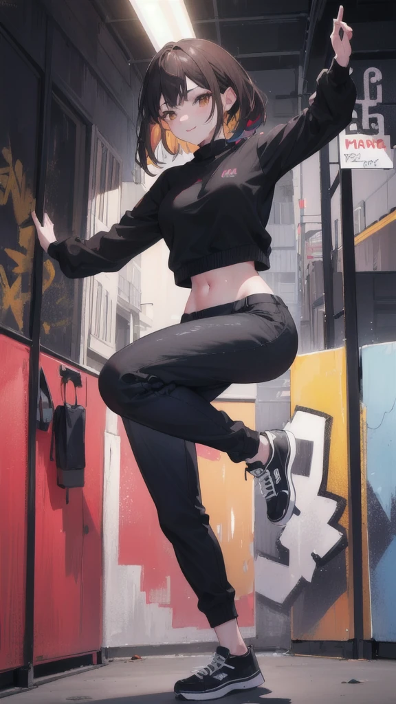 a girl dancing, girl smiling, full body shot, hip hop style dancing, black pants, black sweater, highly detailed face, longer brown hair, detailed brown eyes, long fingers, colourful graffiti background, (best quality,4k,8k,highres,masterpiece:1.2),ultra-detailed,(realistic,photorealistic,photo-realistic:1.37),portrait,vibrant colors,dramatic lighting,strong shadows, dynamic pose