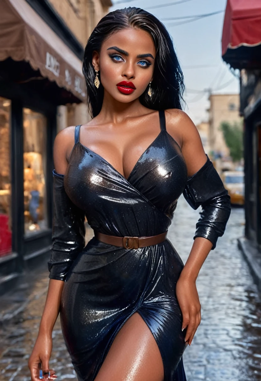 (muste piece, highest quality)((8k)),full body,super detailed,arab girl,wide eyebrow,black skin(eleganse dress ,full body) ,blue eyes red lips,,photorealistic,dark bronze shiny skin,beautiful female mode,dark skin Black woman in black clothes from biblical times, blue eyes, in street, sweaty skin,horny,wet skin , (shiny skin), she is wet and intimate, she has a submissive expression, direct eye contact, hyperrealistic, unreal engine 5,(diffrent pose)Suggested pose, 8K