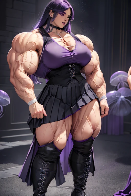 ((((Massive beautiful, buff, bulky, pale white skinned muscular woman with violet purple hair, black lipstick, ginormous bulky muscles and wearing a violet purple shirt and a beautiful royal long pleated skirt with pantyhose)))), (close view), vascular, massive muscle, massive biceps, hyper muscle shoulders, vascular shoulders, hyper muscle triceps, (long hair with long bangs), black eyes, fingerless gloves, (((beautiful black vest))), ((royal long pleated skirt)), (high heel boots), sensual smile, (in a jellyfish forest), at evening, Vascular arms, hyper vascular arm, hyper muscles arms, hyper muscle legs, (massive arms)