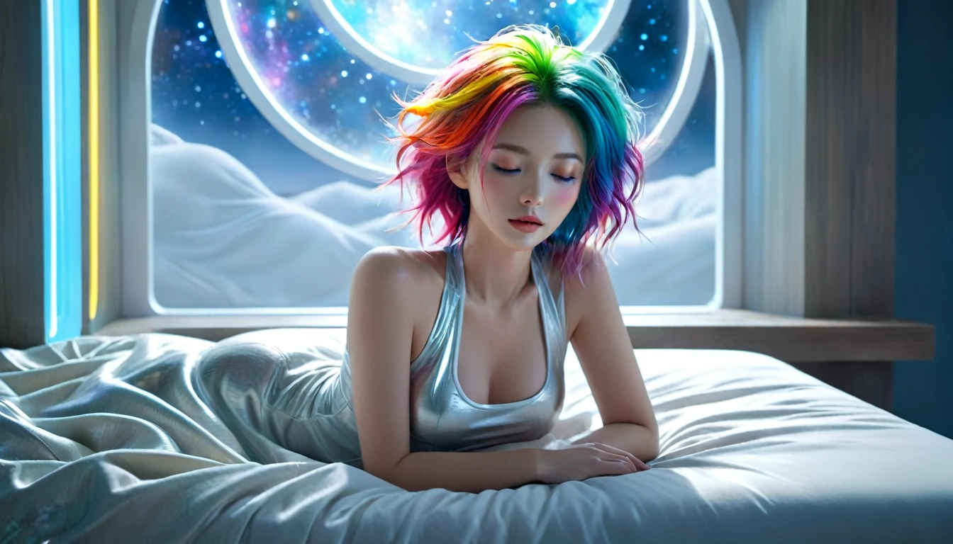 (best quality,8k,ultra-detailed:1.2),(CG,CG art,3D rendering),(masterpiece:1.2),(Crawling on the table),(Sexy clothing),(movie lighting,futuristic),(woman lying in bed,sleeping,closed eyes),(large window behind her,tranquil night),(colorful hair:1.5)