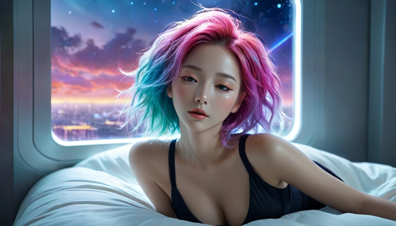 (best quality,8K,Extremely detailed:1.2),(CG,CG art,3d rendering),(masterpiece:1.2),(Crawl on the table),(Sexy clothing),(light,Futuristic),(Woman lying in bed,Sleep,Close your eyes),(There is a big window behind her,silent Night),(Colorful hair:1.5)