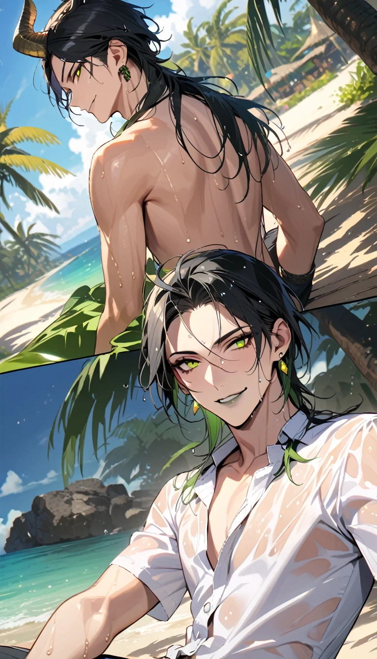 masterpiece, highres, absurdres, illustration,   ((masterpiece:1.4, best quality)), (Ultra detailed background), 1boy, handsome man, highly detailed beautiful face and eyes, beautiful eyes, (sharp detail:1.3), shiny, earrings, bracelet, (wet clothes:1.3), Shirts, Bari, Cebu Island, plumeria, near the beach, dynamic angle,  1boy, sitting on floor, topless,  dynamic angle, malleus draconia (twisted wonderland) horns, bishounen, boy, male, yana Toboso style, long hair, black hair, yellow green eyes, smile, gray lips, handsome, skinny, tall, yellow green glow,