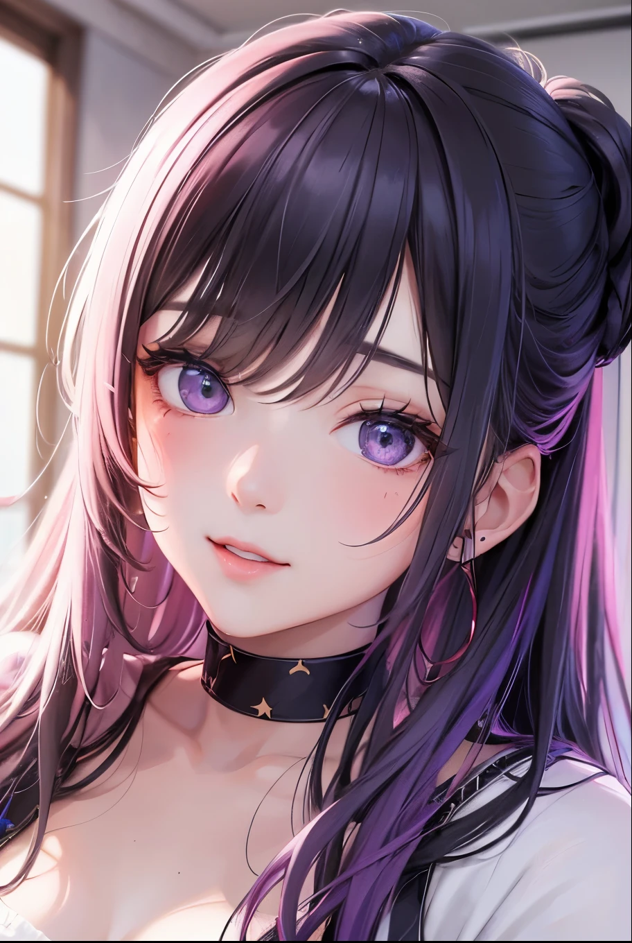 masterpiece, best quality, highly detailed, high resolution, expensive resolution, high resolution, 4k, 8k, uniform 8k wallpaper, highly detailed CG, masterpiece, 2d, 3d, beautiful details, depth, fine texture, best quality: 1.3, perfectly focused, sharp. skin, him, very cute anime girl, her name is Mei, medium long hair, idol, after bath, bath towel, wet hair, expensive medium long hair, mole under eye looking at viewer, expensive, blush, mole, open lips, pink eyes, heart shaped choker, smiling face
