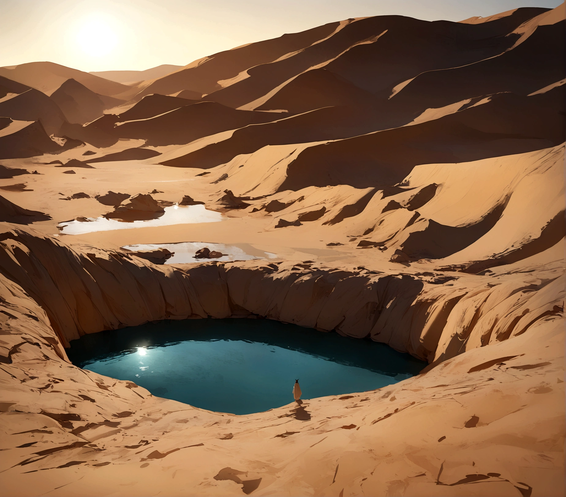A magnificent natural freshwater pool connected to a tributary in the middle of the desert, arena dunes, deep, dry, sunny day, sunny, detailed, realist, Point of view outside the frame, jane y he, high resolution, 4k, Repeat, Pathological, instead, darkness, Chilling, cast, blurred background, poor quality, unequal, off center