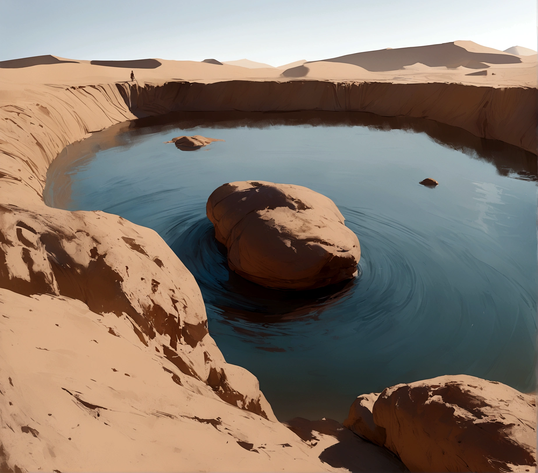 A magnificent natural freshwater pool connected to a tributary in the middle of the desert, arena dunes, deep, dry, sunny day, sunny, detailed, realist, Point of view outside the frame, jane y he, high resolution, 4k, Repeat, Pathological, instead, darkness, Chilling, cast, blurred background, poor quality, unequal, off center