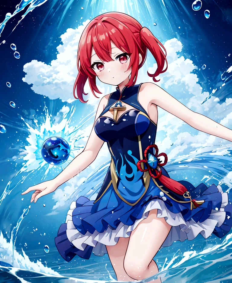 Anime girl in blue dress running through water waves, red hair short cut, splash art anime, wallpaper anime blue water, beautiful celestial magician, high definition official artwork, official artwork, genshin impact ayaka, tempest rimuru, rainbow water elemental, detailed key anime art, water element, genshin impact ketchin, water magic close-up fantasy