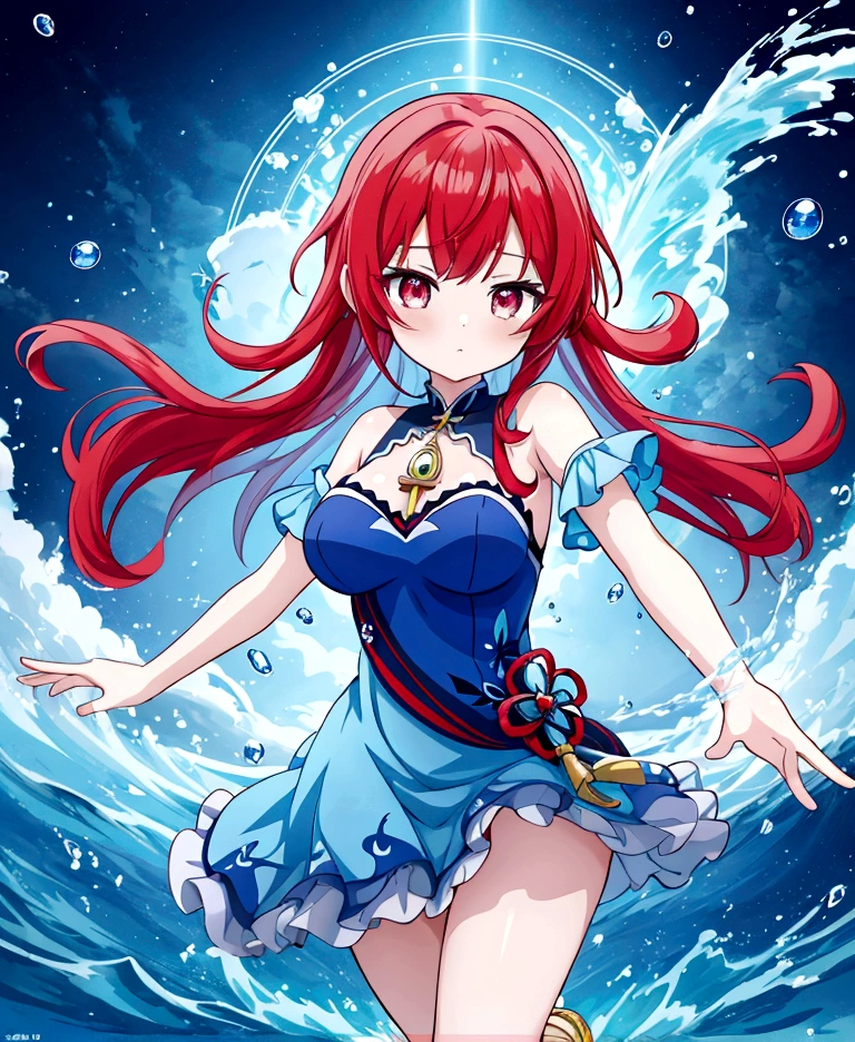 Anime girl in blue dress running through water waves, red hair short cut, splash art anime, wallpaper anime blue water, beautiful celestial magician, high definition official artwork, official artwork, genshin impact ayaka, tempest rimuru, rainbow water elemental, detailed key anime art, water element, genshin impact ketchin, water magic close-up fantasy