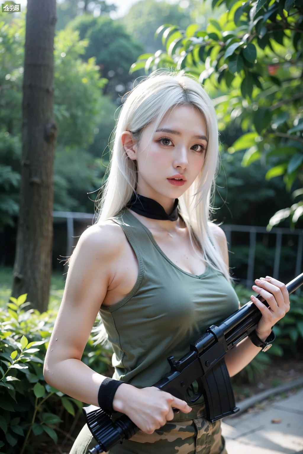 (Girl sleeping face down in big office), Silver hair, Bangs, Blunt bangs, Long hair, Braiding(poneyTail), aqua eyes, longeyelashes, Solid Circle Eyes, makeup, Open mouth, blush, Parted lips, Bright pupils, smiley, Seductive smile, glint, surrealism, Modern,(( Camouflage blouse、off shoulders、))、((No skirt))、【(No bra】】、【【No panties】】、((Sniper rifle with silencer on the back))、Chiaroscuro, Chiaroscuro, depth of fields, One-person viewpoint, From Side, F/1.8, 135 mm, canon, nffsw, retinas, masutepiece, ccurate, Anatomically correct, Textured skin, Super Detail, high details, High quality, Best Quality, hight resolution, 1080p, hard disk, 4K, 8K ((Full Body Angle))、、Skyscrapers haze behind and blush, Parted lips, Bright pupils, smiley, Seductive smile, glint, surrealism, Modern,(( Camouflage tube top bra、off shoulders、))((Sniper rifle in one hand)、(Peeking into the scope)((Camouflage baseball cap))、(Black pantyhose)Chiaroscuro, Chiaroscuro, depth of fields, One-person viewpoint, From Side, F/1.8, 135 mm, canon, nffsw, retinas, masutepiece, ccurate, Anatomically correct, Textured skin, Super Detail, high details, High quality, Best Quality, hight resolution, 1080p, hard disk, 4K, 8K、 Full Body Angle、、Skyscrapers are hazy behind(pantyhose)