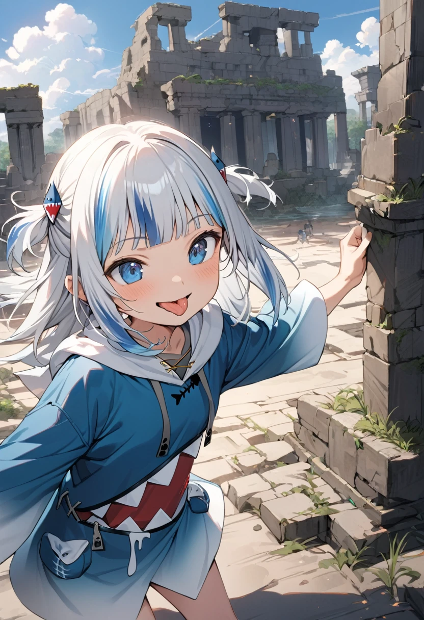 ((Gawr gura)), ((Masterpiece)), ((best quality)), (Anime:1.3), (super detail:1.2),(High Definition:1.3), (Professional Photography:1.2), Textured skin, cinematic lighting, (), 1girl, (Cute teenage beaul Girl), beautiful eyes, ((looking at another)), (Beautiful daiamond eyes:1.5), Pale silver hair, outside curl hair, medium hair, ((sticking out tongue)), naughty smile, (Open mouth wide), ((pure blue hoodie)), Slender body, small breasts, Beautiful small breasts, (Walking), (the Flooded ancient ruins), cumulonimbus cloud, summer day, (super detail), (sharp focus), gawr gura,