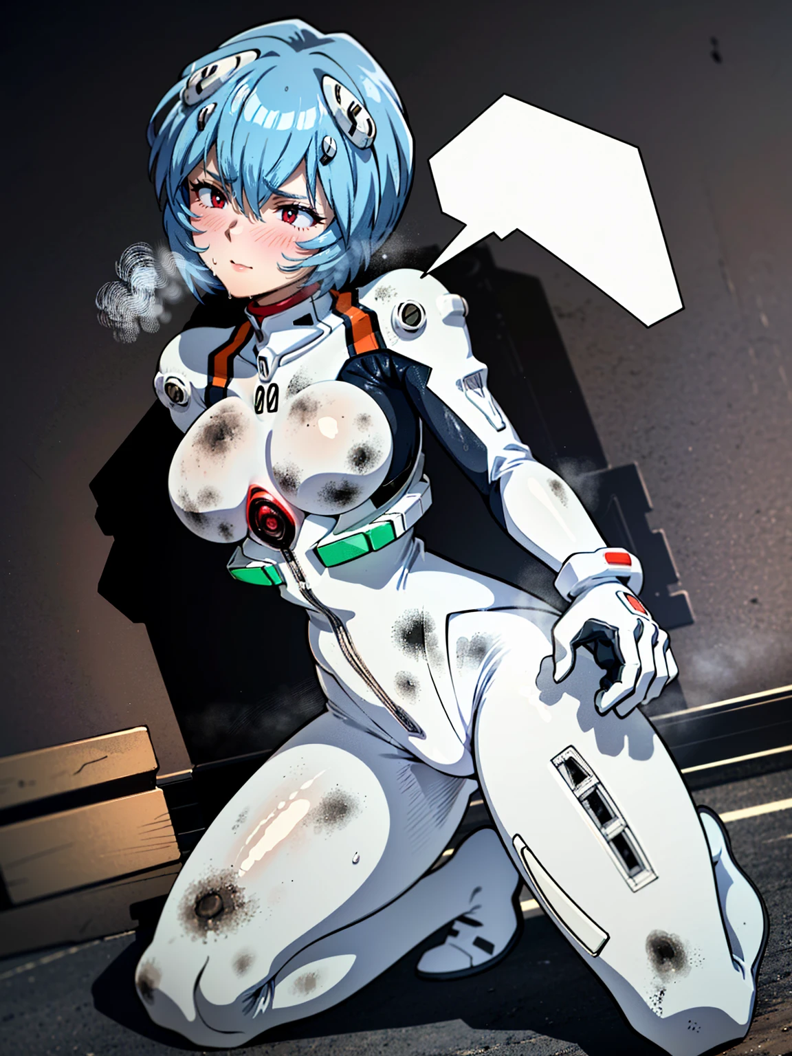 ((Highest quality, 8k wallpaper)),(masterpiece, Highest quality),Very detailed,High resolution,(Official Art:1.3),(((Anime screenshots,Black outline))),One girl,alone, Break mer1,(Rei Ayanami {Neon Genesis Evangelion,}1.2),masterpiece, best quality, outdoor, 1girl, Solo,red eyes,short hair,blue hair, (White plug suit:1.4), skin tight,(Tired look, A look of regret, Struggled, Half-closed eyes, fear, humiliation, Frightened, anxiety:1.3),(((Covered in sweat, Mass sweat, Sweating profusely,steam:1.7))), (hands on ,kneeling:1.8), (Dirty Costume with mud,gym storeroom:1.5),(((dirty:1.6)))