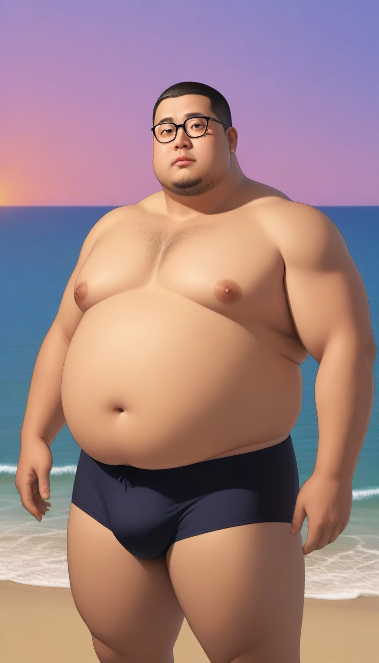 A fat man，Big eyes，Black round glasses，short hair，Round inches，Big round face，Very large and well-developed chest muscles，Big full belly，Standing on the beach far away from the sunset，The upper body is bare，Wearing briefs with bulge in the crotch，Oriental male，full-body shot