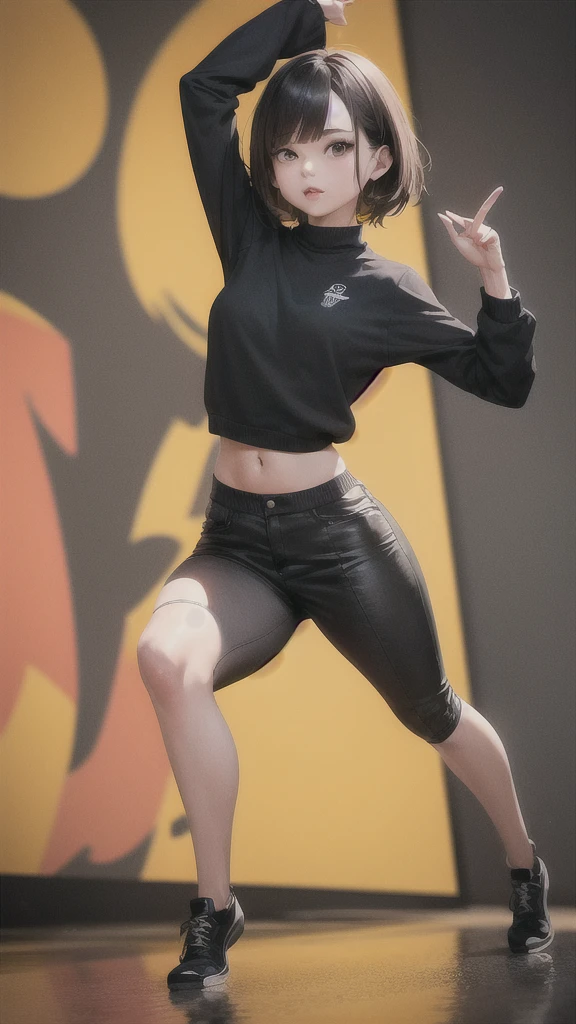 a girl dancing, girl smiling, full body shot, hip hop style dancing, black pants, black sweater, highly detailed face, longer brown hair, detailed brown eyes, long fingers, colourful graffiti background, (best quality,4k,8k,highres,masterpiece:1.2),ultra-detailed,(realistic,photorealistic,photo-realistic:1.37),portrait,vibrant colors,dramatic lighting,strong shadows, dynamic pose