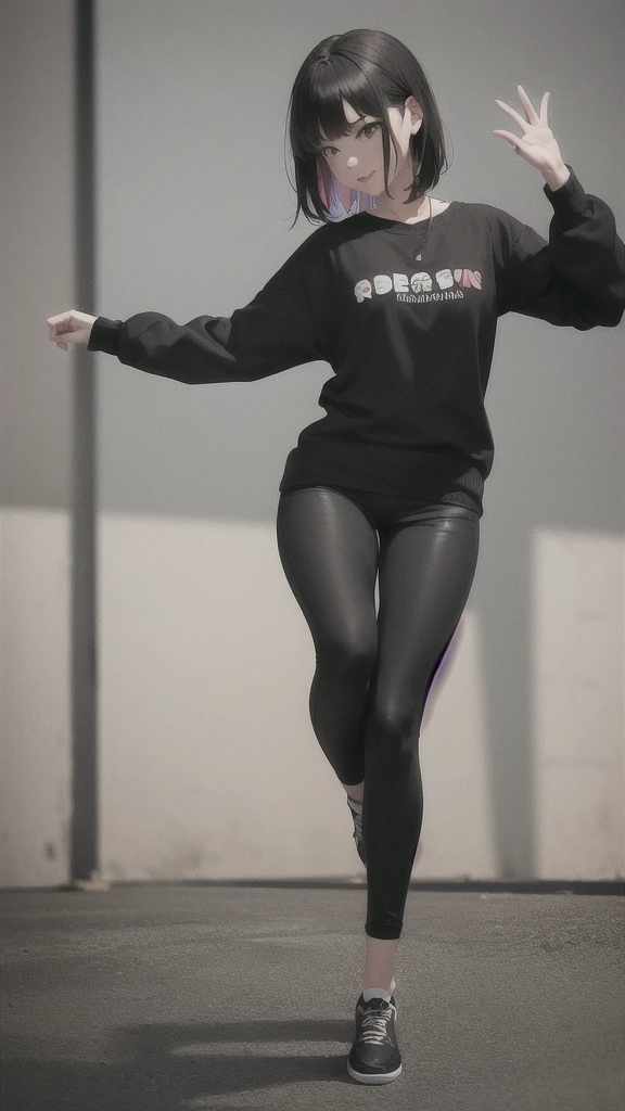a girl dancing, girl smiling, full body shot, hip hop style dancing, black pants, black sweater, highly detailed face, longer brown hair, detailed brown eyes, long fingers, colourful graffiti background, (best quality,4k,8k,highres,masterpiece:1.2),ultra-detailed,(realistic,photorealistic,photo-realistic:1.37),portrait,vibrant colors,dramatic lighting,strong shadows, dynamic pose