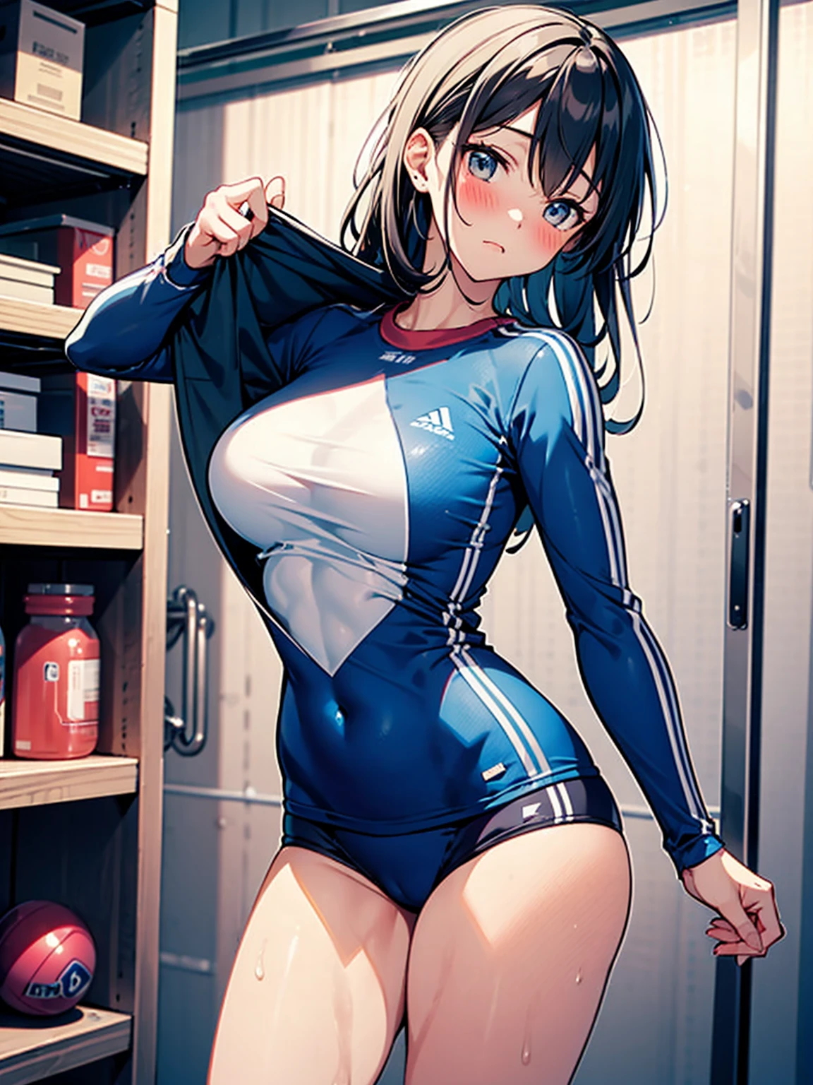 An exhibitionist woman takes off her blue long-sleeved jersey in the gym storage room, blush