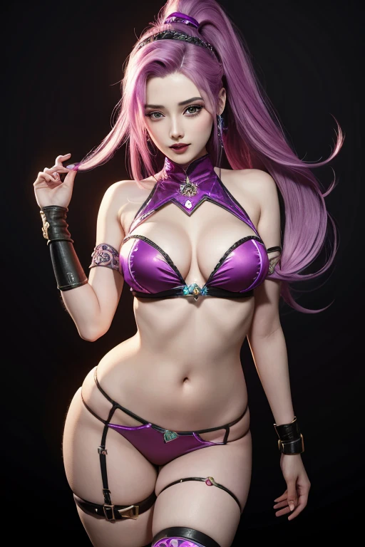 (nsfw), ultra realistic girl who controls poison, halloween, goth, gyaru, lip-gloss, gothic makeup, purple flowing hair, sparkling poisoned flower costume、、、、secrete poison, skull hair accessoires, sweet and sexy, seductive pose, shy, smile, flowers background