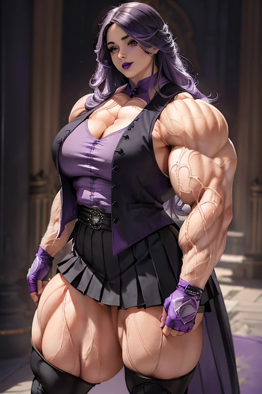 ((((Massive beautiful, buff, bulky, pale white skinned muscular woman with violet purple hair, black lipstick, ginormous bulky muscles and wearing a violet purple shirt and a beautiful royal long pleated skirt with pantyhose)))), (close view), vascular, massive muscle, massive biceps, hyper muscle shoulders, vascular shoulders, hyper muscle triceps, (long hair with long bangs), black eyes, fingerless gloves, (((beautiful black vest))), ((royal long pleated skirt)), (high heel boots), sensual smile, (in a jellyfish forest), at evening, Vascular arms, hyper vascular arm, hyper muscles arms, hyper muscle legs, (massive arms)