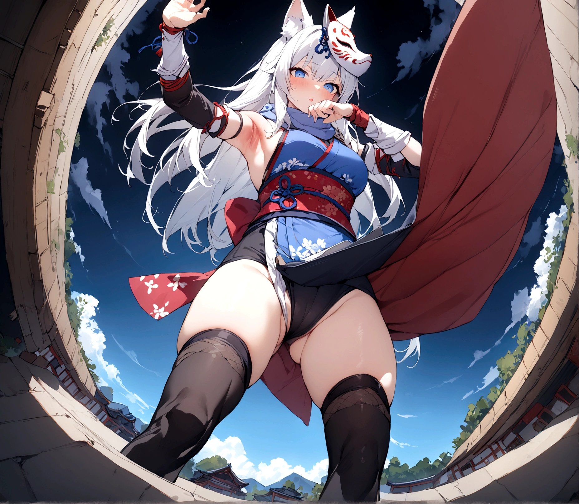 White Gauntlet、Throwing Shuriken、Put your hand over your mouth and whisper、(masterpiece, best quality:1.2), 1girl, 独奏,Wolf girl, fox mask, ninja, girl, long white hair, odd eyes, blue kimono, ninja girl, red and blue scarf, fantastic atmosphere.night、Black fox mask、Fisheye Lens、Expansive starry sky、Long hair spreading and armpit exposure,