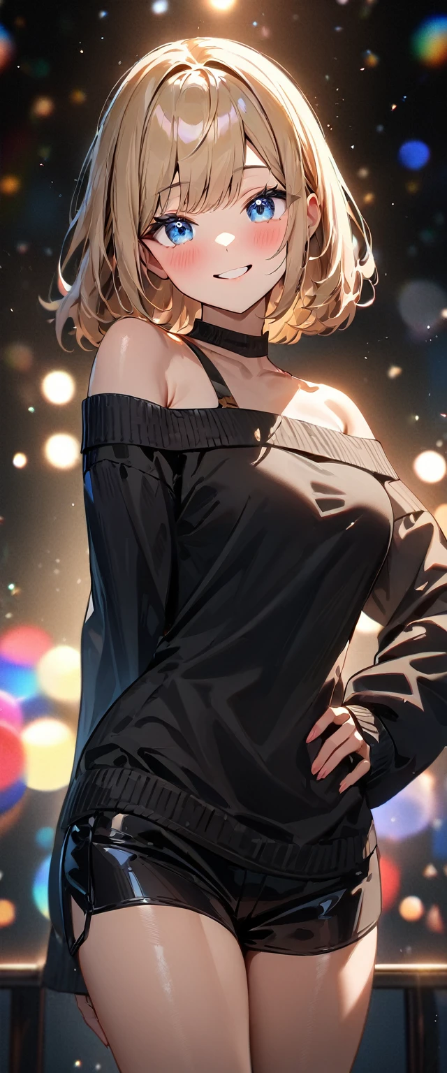 (((One girl))), blond hair, bob cut, big breasts, from side, (cowboy shot), (looking at viewer), ((black hot pants)), ((black virgin killer sweater)), face in focus, ager, head tilt:1.3, (((blue eye))), ((happy smile)), ((blush)), (()), anime style, (best quality, 4k, 8k, highres, masterpiece:1.2, ultra-detailed, ultra-detailed eyes, HDR, UHD, studio lighting, ultra-fine painting, sharp focus, physically-based rendering, extreme detail description, professional, vivid colors, bokeh)