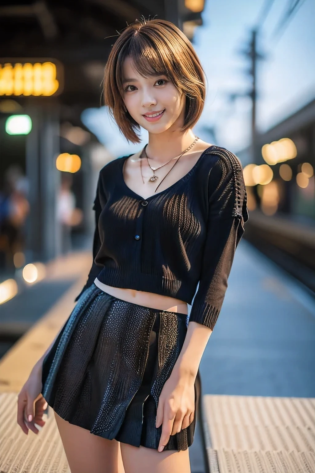 (Standing on the station platform:1.5)、(A kind smile:1.5)、(18-year-old female:1.5)、(The best quality at its best:1.4), (Super detailed), (Very detailed CG unified 16k), Beautiful woman with perfect figure: 1.4, Sharp focus: 1.2, Very detailed, High-quality RAW color photos, Professional photography, Great face and eyes, cosmetics, (Amazingly beautiful girl), ((Summer knit with a black tight skirt:1.5)), Realistic movie faces, Full body long view from head to toe, Realistic, ((Realistic natural orange red hairstyle)), ( Short Bob Hair:1.5), (necklace:1.5)、, Very beautiful face, Perfect model beauty, Mouth swelling, Highly detailed face and skin texture, Fine grain, double eyelid, Medium chest, (masterpiece), Highest quality, High resolution, Very detailed, Blurred Background, Depth of written boundary, Cinema Lighting, Great legs, , Clear, well-maintained skin,((Full body shot from head to toe:1.5))