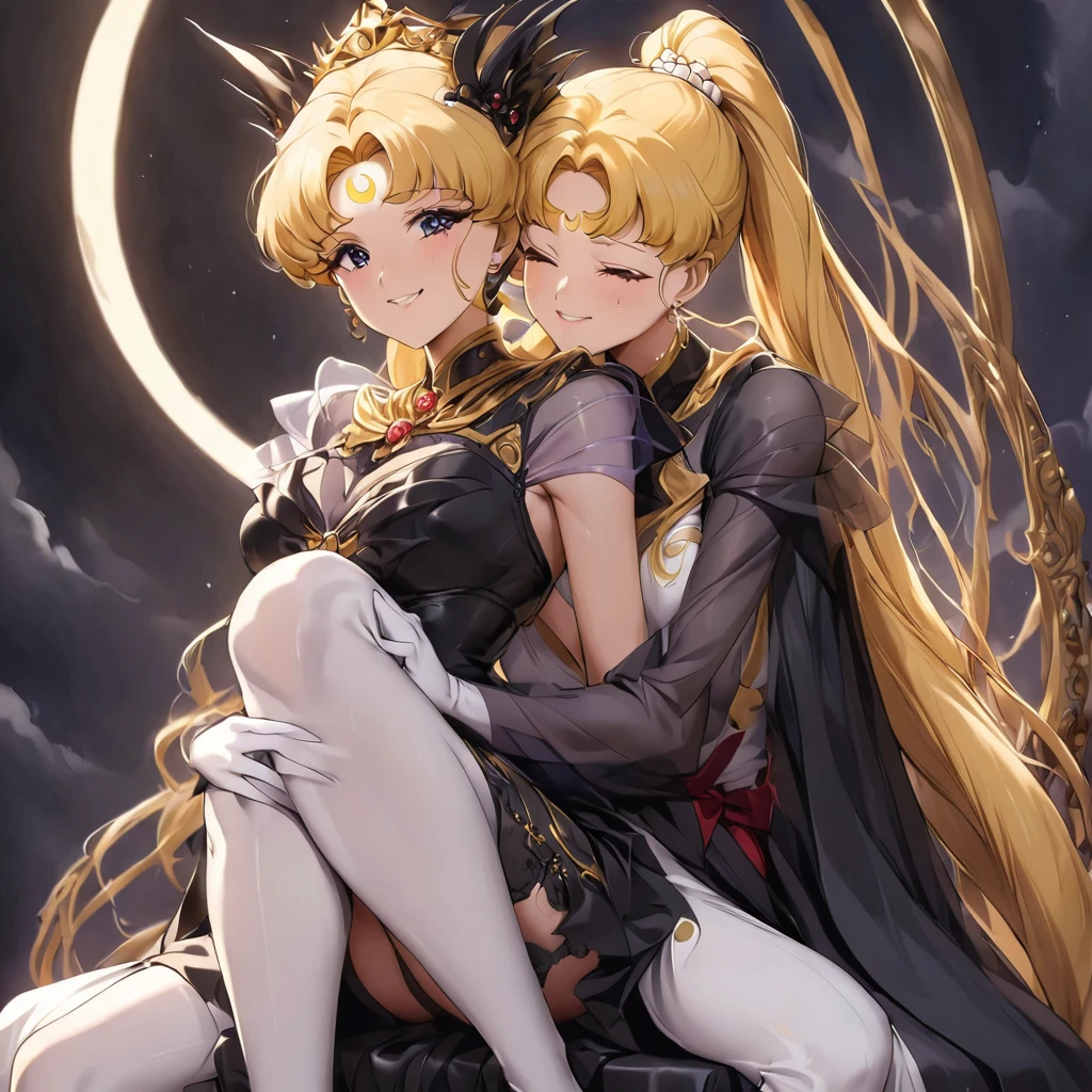 ((Highest quality)), ((masterpiece)), (detailed), (Perfect Face)、Black moon mark on forehead、The woman is Black Serenity, the noble dark queen of the Black Moon clan and has blonde hair.2The woman, Princess Serenity, has long hair tied up in a ponytail and is sitting on a large throne, hugging and kissing the majestic and powerful Black Moon King.、The woman has a black inverted crescent moon mark on her forehead, a gorgeous and glittering black gothic Victorian dress, a black veil and a black see-through cape, and is wearing luxurious jeweled accessories. She is the Queen of Darkness, the jet-black Princess Serenity, looking at the camera with a happy expression, and has the expression of a maiden in love.、The man is a majestic and powerful black moon king embracing and kissing a woman.