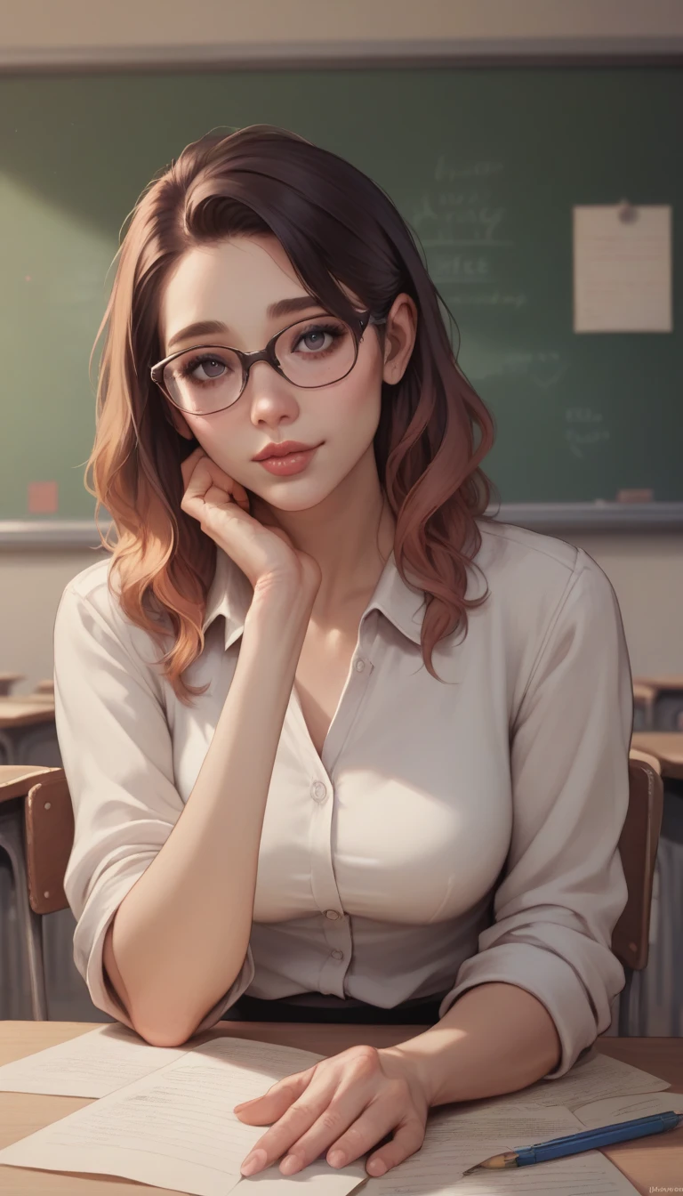 (Fraction_9, Fraction_8_Direction_7_up), detailed, realistic  professional woman looks up from her papers at the viewer, Gentle, Glasses, teacher，In the classroom，