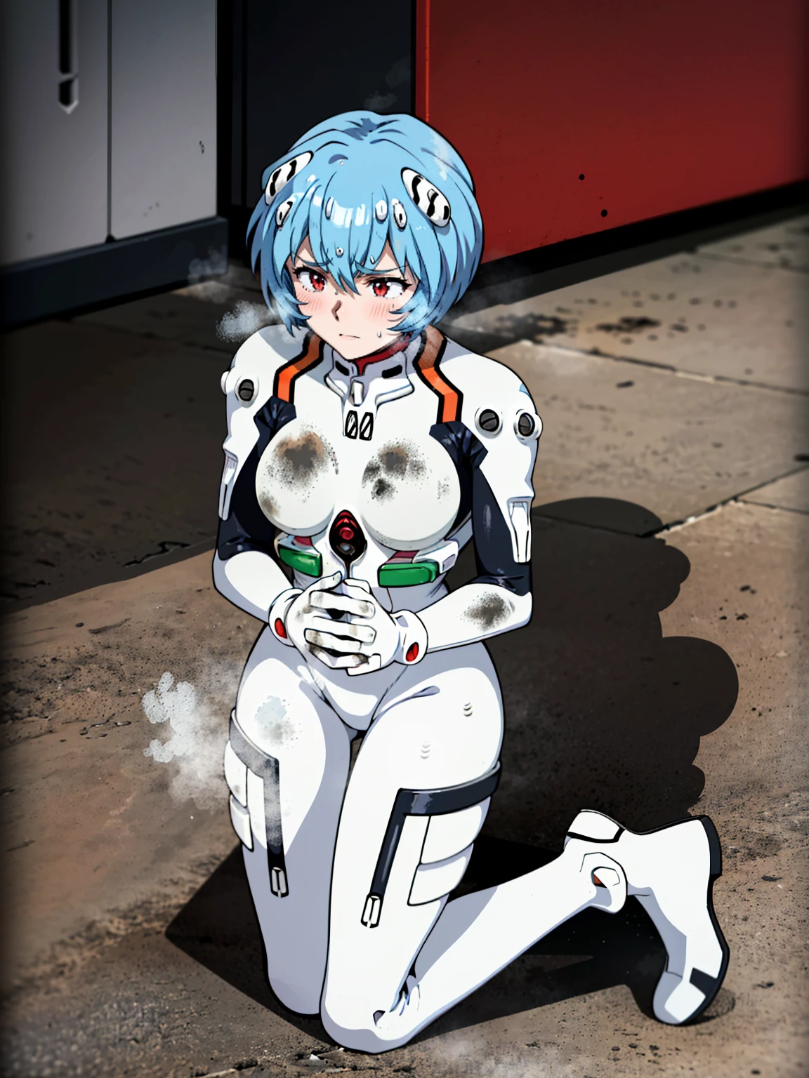 ((Highest quality, 8k wallpaper)),(masterpiece, Highest quality),Very detailed,High resolution,(Official Art:1.3),(((Anime screenshots,Black outline))),One girl,alone, Break mer1,(Rei Ayanami {Neon Genesis Evangelion,}1.2),masterpiece, best quality, outdoor, 1girl, Solo,red eyes,short hair,blue hair, (White plug suit:1.4), skin tight,(Tired look, A look of regret, Struggled, Half-closed eyes, fear, humiliation, Frightened, anxiety:1.3),(((Covered in sweat, Mass sweat, Sweating profusely,steam:1.7))), (hands on breast,kneeling:1.8), (Dirty Costume with mud,gym storeroom:1.5),(((dirty:1.6)))