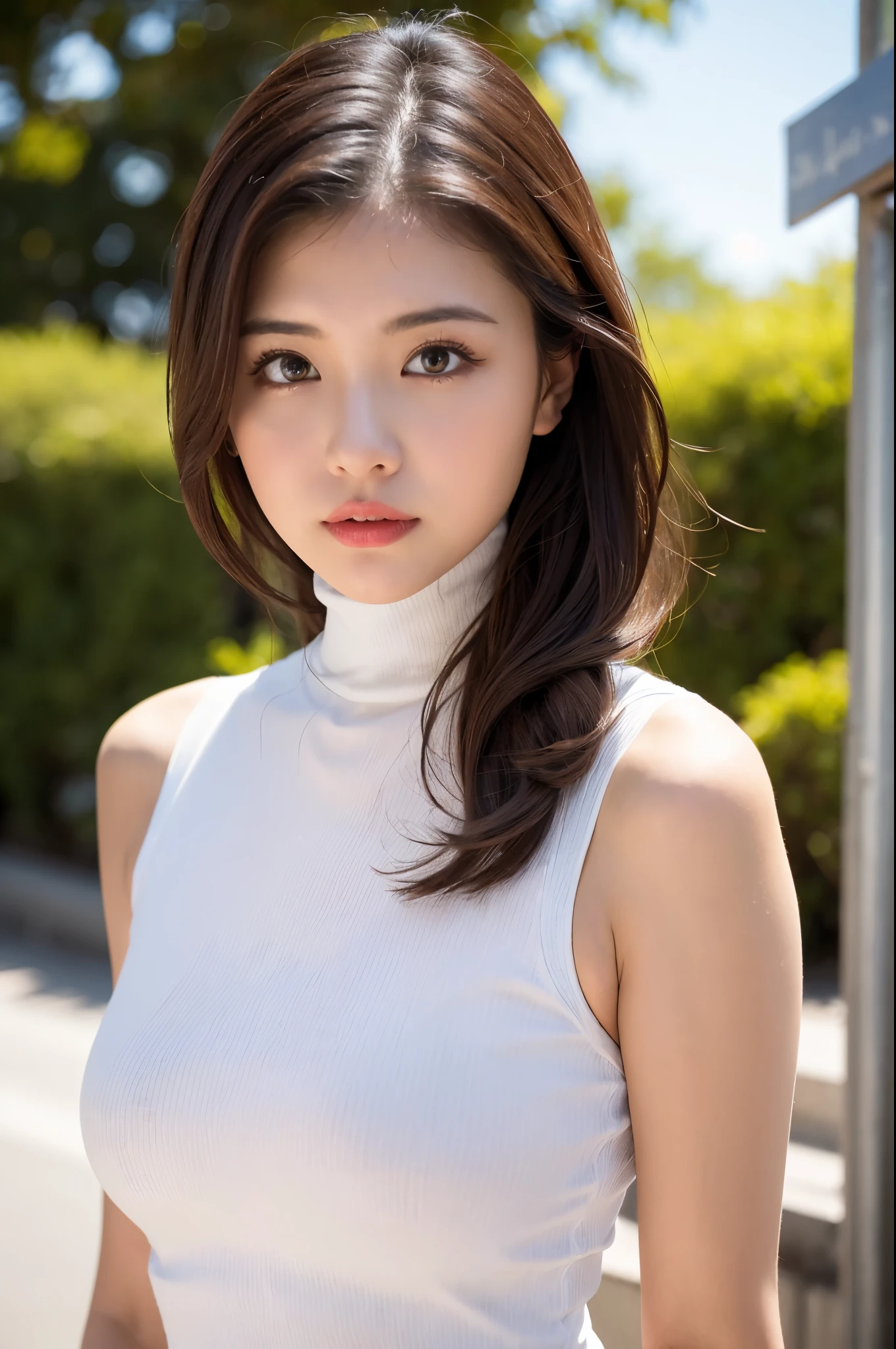 (masterpiece:1.5)、(Realistic:1.5)、(Highest quality:1.4、8K、RAW Photos)、 Ultra-high resolution、Professional Lighting、Perfect dynamic composition、Outdoor Shot、 Film Grain、chromatic aberration、(Bokeh:1.1)、 Frank、Sophisticated、charm、Surreal、High detail、Golden Ratio、 (1 Girl)、Slender girl、繊細でcharm女の子、Cute Woman:1.4、 Serious expression、Looking at the audience、Various poses、 Light brown hair、Shiny Hair、Hairstyle: ponytail、 Realistic looking skin、 shut up.、Beautiful Eyes、double eyelid、Thin arms、、 (Wearing a white ribbed turtleneck sleeveless dress:1.3), (Ultra-realistic pantyhose),
