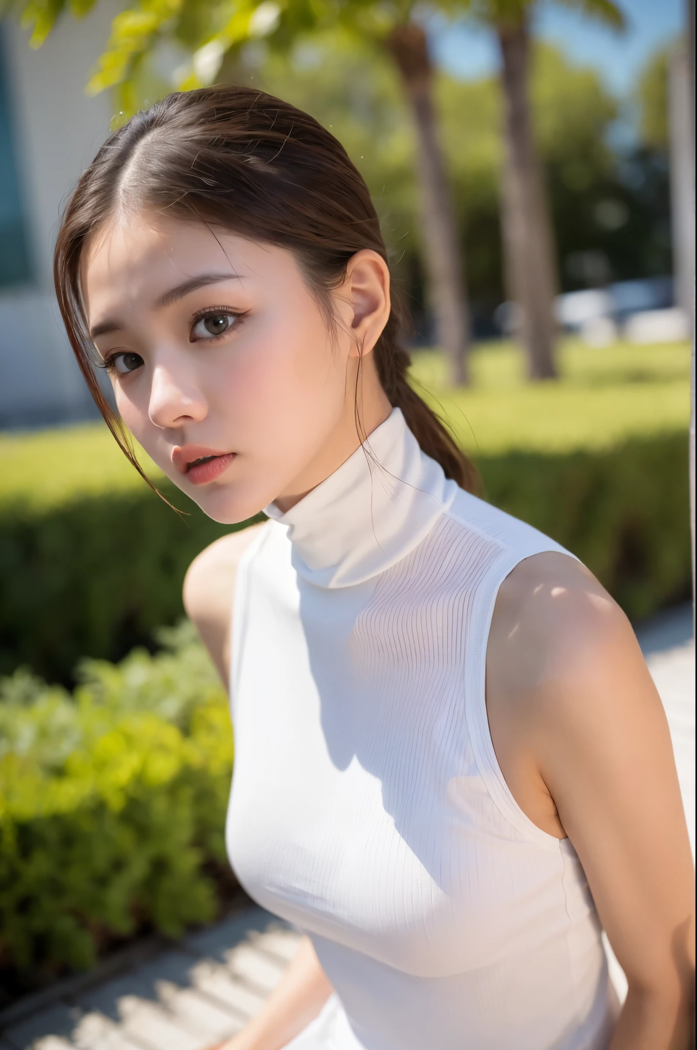 (masterpiece:1.5)、(Realistic:1.5)、(Highest quality:1.4、8K、RAW Photos)、 Ultra-high resolution、Professional Lighting、Perfect dynamic composition、Outdoor Shot、 Film Grain、chromatic aberration、(Bokeh:1.1)、 Frank、Sophisticated、charm、Surreal、High detail、Golden Ratio、 (1 Girl)、Slender girl、繊細でcharm女の子、Cute Woman:1.4、 Serious expression、Looking at the audience、Various poses、 Light brown hair、Shiny Hair、Hairstyle: ponytail、 Realistic looking skin、 shut up.、Beautiful Eyes、double eyelid、Thin arms、、 (Wearing a white ribbed turtleneck sleeveless dress:1.3), (Ultra-realistic pantyhose),