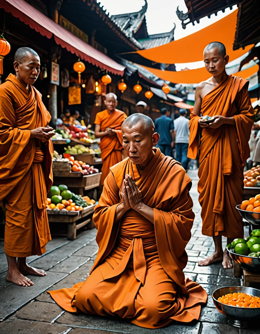 quality\(8k,wallpaper of extremely detailed CG unit, masterpiece,hight resolution,top-quality,top-quality real texture skin,hyper realisitic,increase the resolution,RAW photos,best qualtiy,highly detailed,the wallpaper,cinematic lighting,ray trace,golden ratio\), BREAK ,sunrise, still dim early morning, a monk\(wearing orange monk's robe, holding a golden bowl covered with orange cloth,standing\) is reciting sutras and praying for the old lady at a morning market in Thailand, an old lady\(white headed\) is kneeling and holding hands in front of the monk,